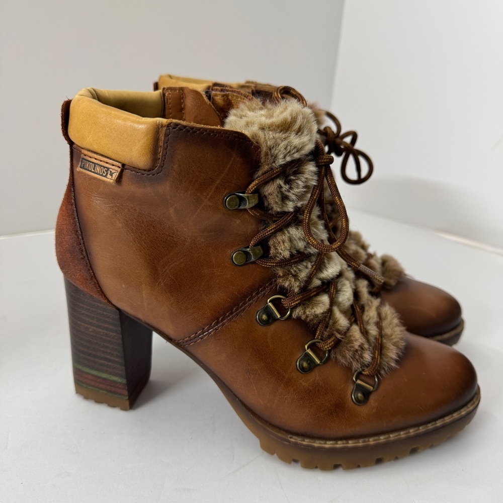 Pikolinos Womens leather lace-up ankle boots heels faux fur brown sz 38 - Picture 2 of 13
